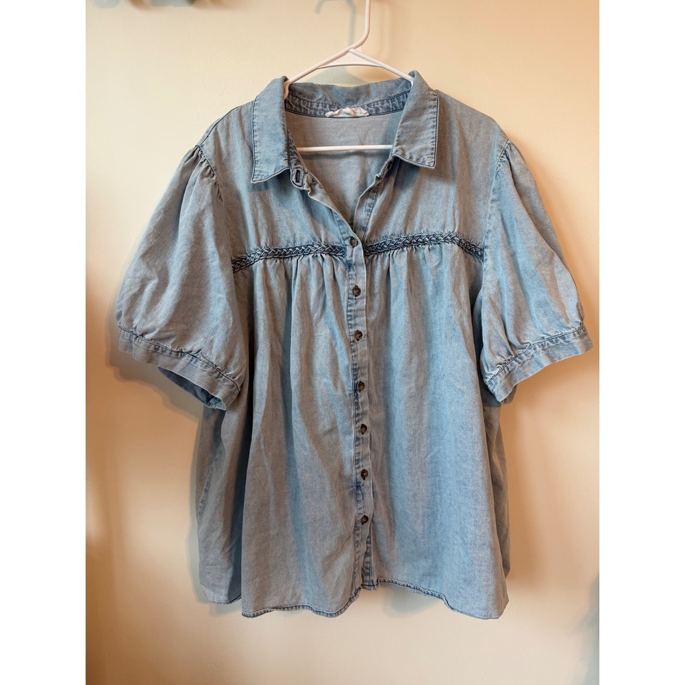 Jane + Delancey Light Wash Denim Button Down Top Short Puff Sleeve Babydoll 3X